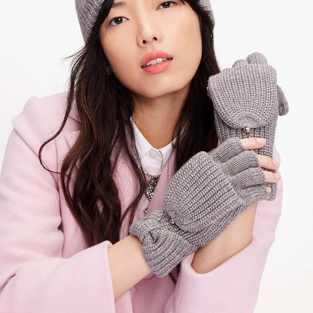 KATE SPADE METALLIC BOW POP TOP CONVERTIBLE MITTENS FINGERLESS GLOVES GRAY NWT